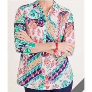 Chico's Mixed Print Shirt Linen No Iron Floral Paisley Button 3/4 Sleeve Size 1